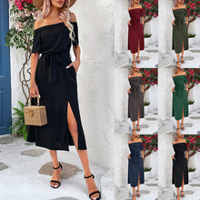 亚马逊独立站跨境2023夏季新款欧美女装黑色露肩短袖一字领连衣裙