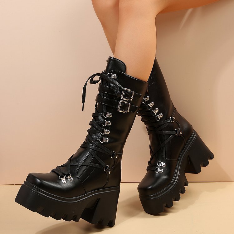 Women's Mid-calf Boots With Rivet Lace Up Design And Thick Heels_voghion.com