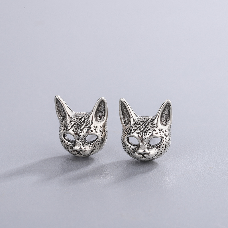 New Sphynx Hairless Cat Vintage Distressed Thai Silver Jewelry Small Trendy Men's Dark Style Cool Earrings_voghion.com