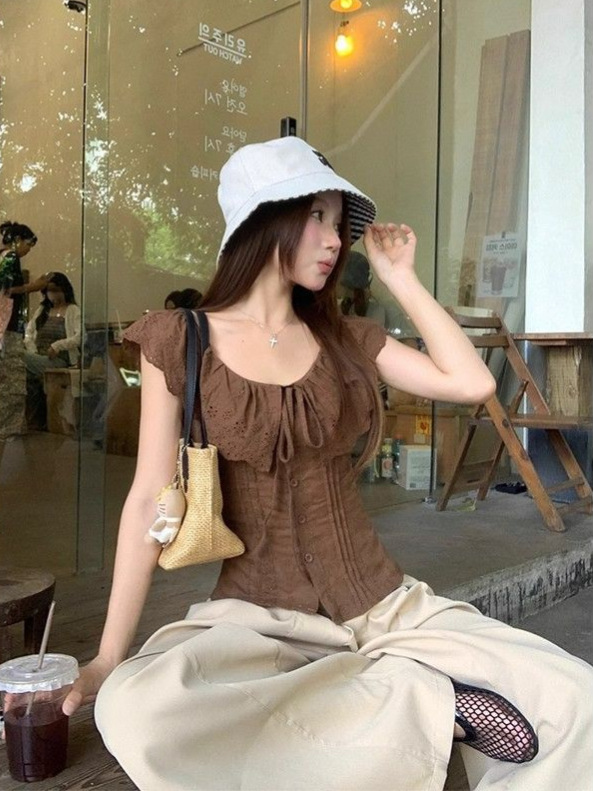 フレンチレトロ中空フライングスリーブボタンシャツ女性のための夏の2025新しい気質スリムフィット多用途トップ|undefined