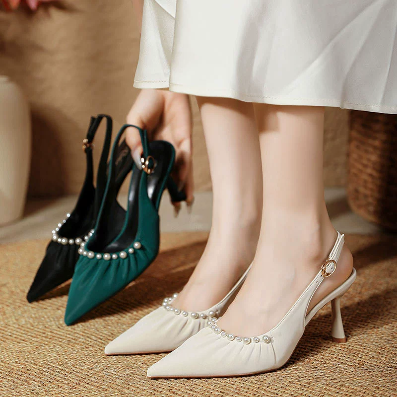 Баотоу сандалии женские летние 2025 новые жемчужные острые туфли на каблуках на каблуках