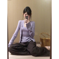 十三行女装针织开衫外套女秋季长袖薄款挂脖背心紫色设计感两件套
