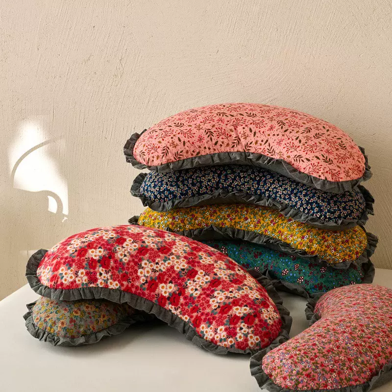 月牙全棉磨毛荞麦枕花边饺子全荞麦壳护颈椎枕头家用可拆洗午睡枕