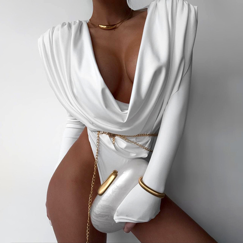 European and American Cross-Border Wholesale Autumn and Winter New Women's Clothing Sexy Hot Girl Style Solid Color Swing Collar Tight Long-Sleeved Jumpsuit