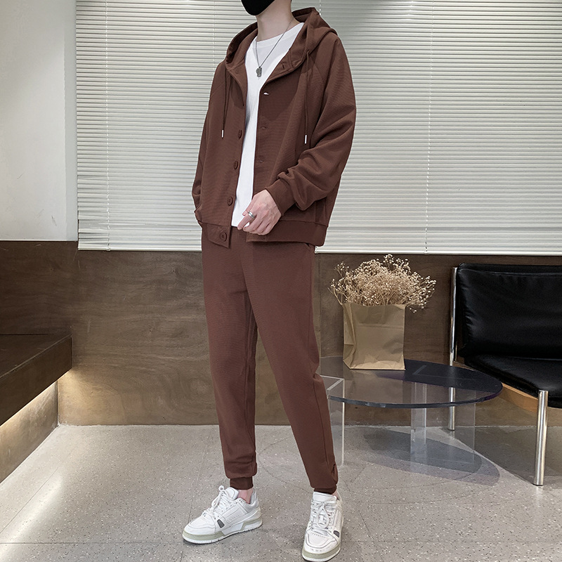 Primavera y otoño traje casual para hombres primavera nueva marca de moda waffle cardigan hombre guapo ropa deportiva para hombres un conjunto