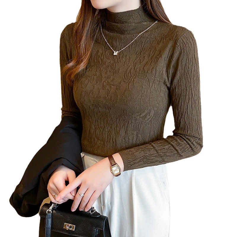 Suéter de fondo de manga larga con cuello alto para mujer 2023 otoño e invierno nuevo top de adelgazamiento slim fit Camisa de fondo de color sólido de estilo occidental image 7