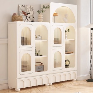 Now the French Cream Style Bookcase with Glass Door Display Cabinet Is Light Luxury and High-End Home Living Room Integrated Wall Bookshelf