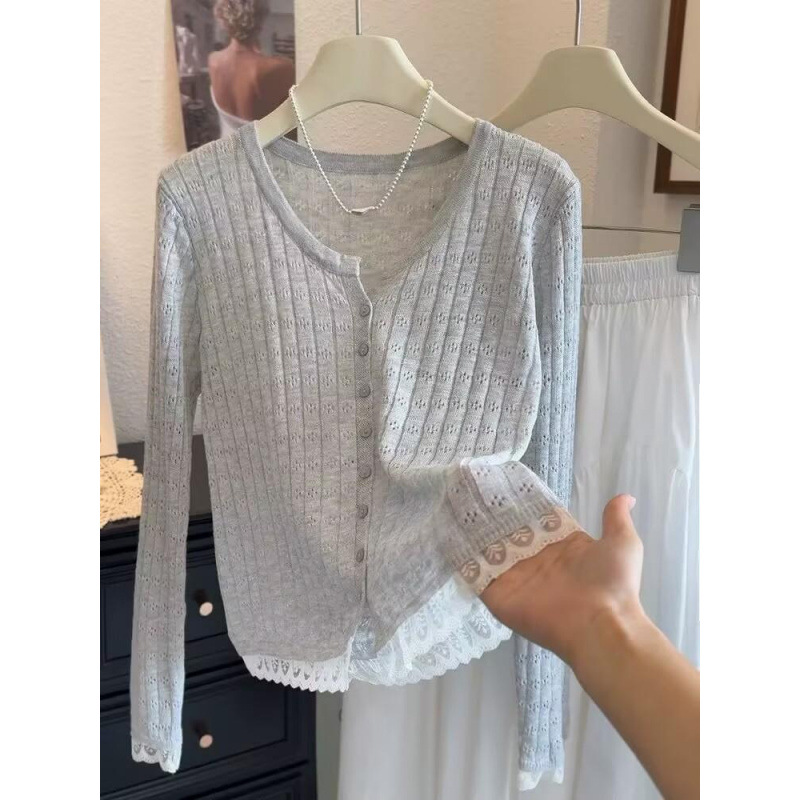 Korean Style Gentle Lace Splicing Sun Protection Sweater for Women Summer Loose and Versatile Long-Sleeved Thin Tops for Small People