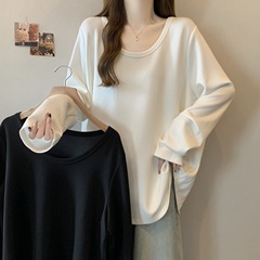 大码胖mm纯色休闲百搭长袖T恤宽松显瘦别致绝美上衣打底衫女春款