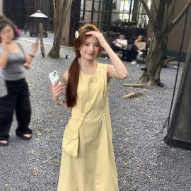 【隐形拉链＋小背包】清纯温柔黄色连衣裙女夏圆领收腰显瘦a字背