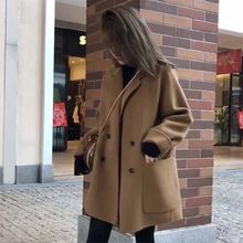 韩版秋冬季大口袋小个子毛呢外套女西装领宽松风中长款呢子大衣女