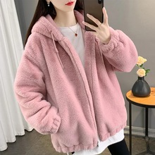 2024年双面绒女中长款时尚宽松保暖加厚拉链大衣连帽羊羔绒外套女