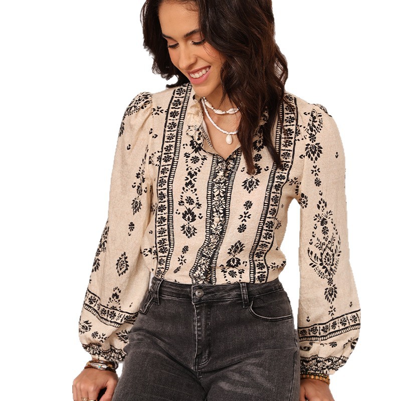 Amazon Europa y Estados Unidos otoño bohemia impresión francesa camisa de mujer cuello de hormigueo comercio exterior transfronterizo ropa de mujer image 6
