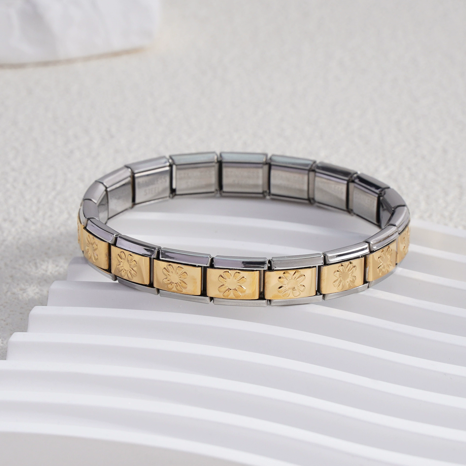 stainless steel bracelet, removable elastic link watch strap, italian european style, assorted charms
