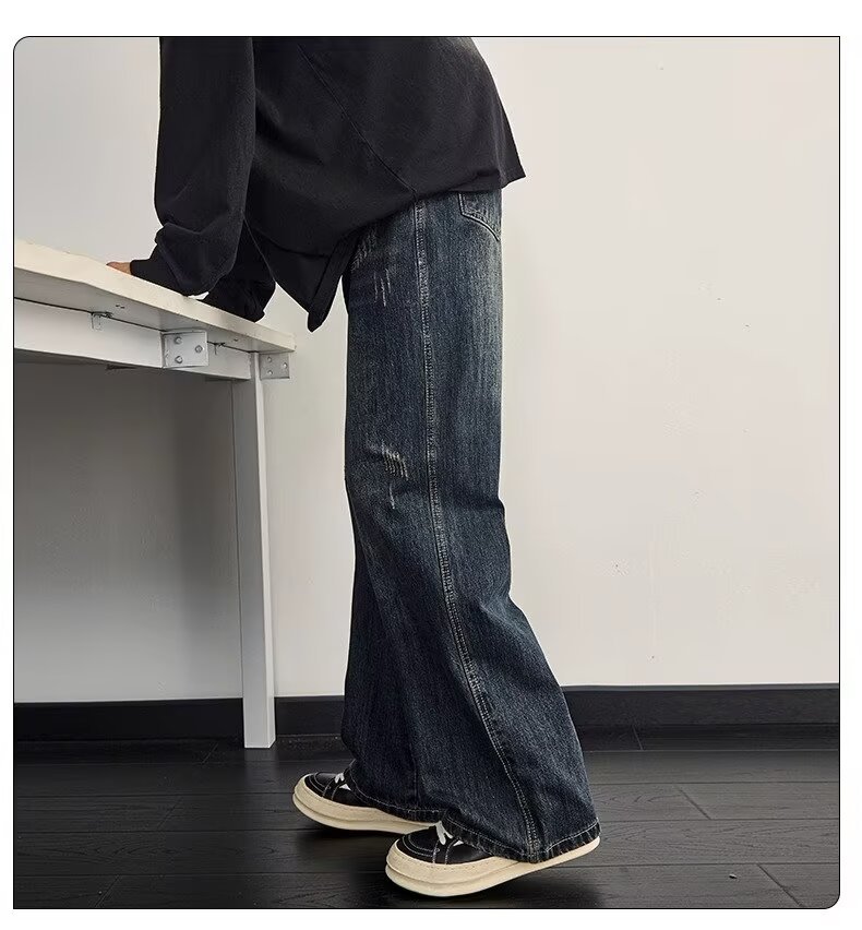 Men's Washed Vintage High Street Jeans Distressed Denim Loose Straight-Leg Fit Streetwear Style Blue S-3XL_mkmklike.com