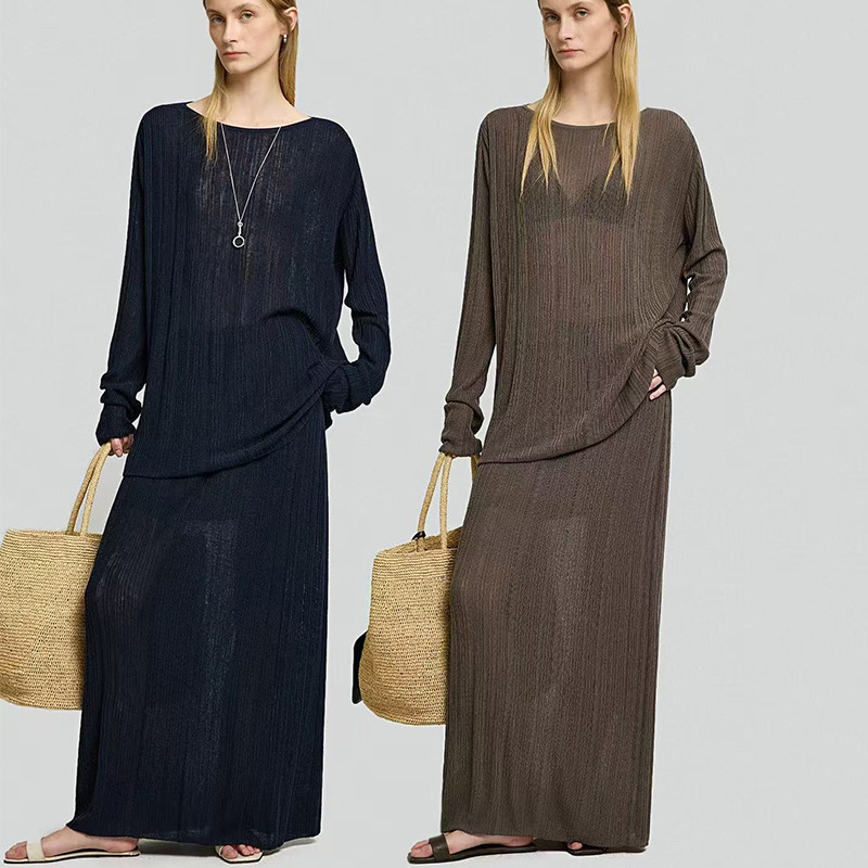 Minimalist Lightweight Tencel Wool Vertical Stripe Texture Paper-Thin Boat Neck Knit Pullover and Skirt Set for Women