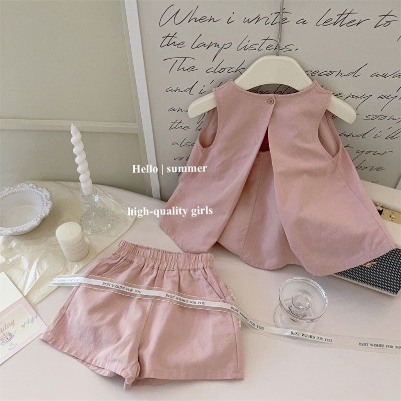 Girls Summer Suit 2025 New Baby Girl Summer Baby Doll Shirt Top Sleeveless Vest Shorts Two-Piece Trendy Set