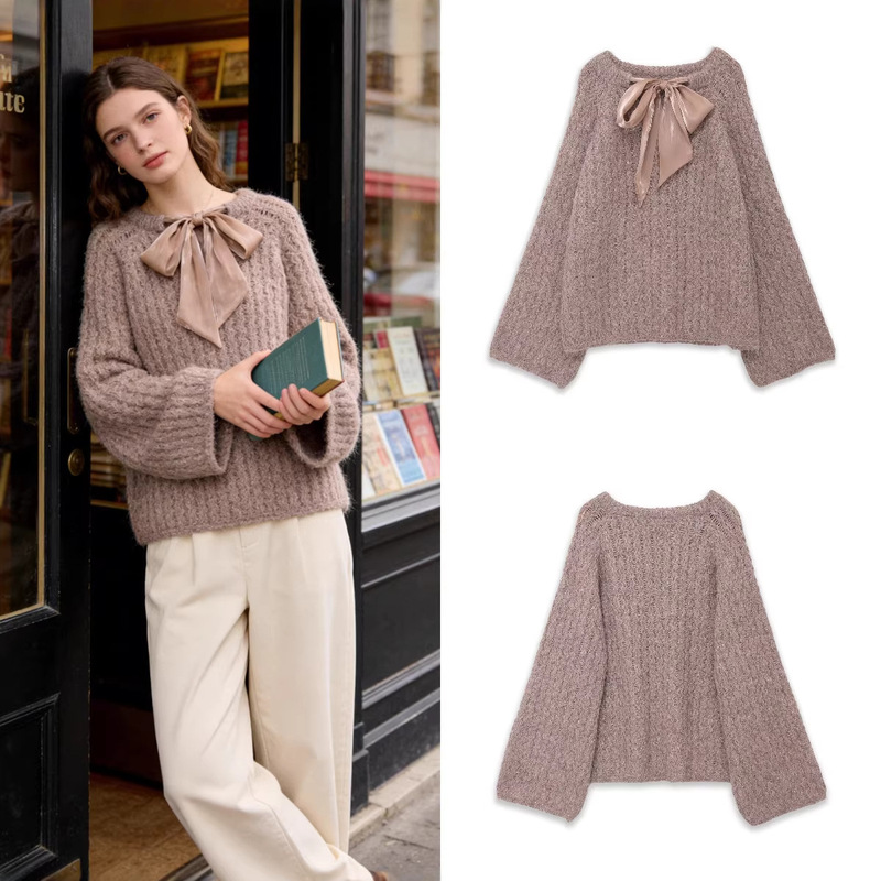 Foreign Trade Cross-Border Wholesale of Ready-Stock European and American Style Women's Clothing, Autumn Ins Trendy Style Knitted Pullover Sweater with Ribbon Decoration