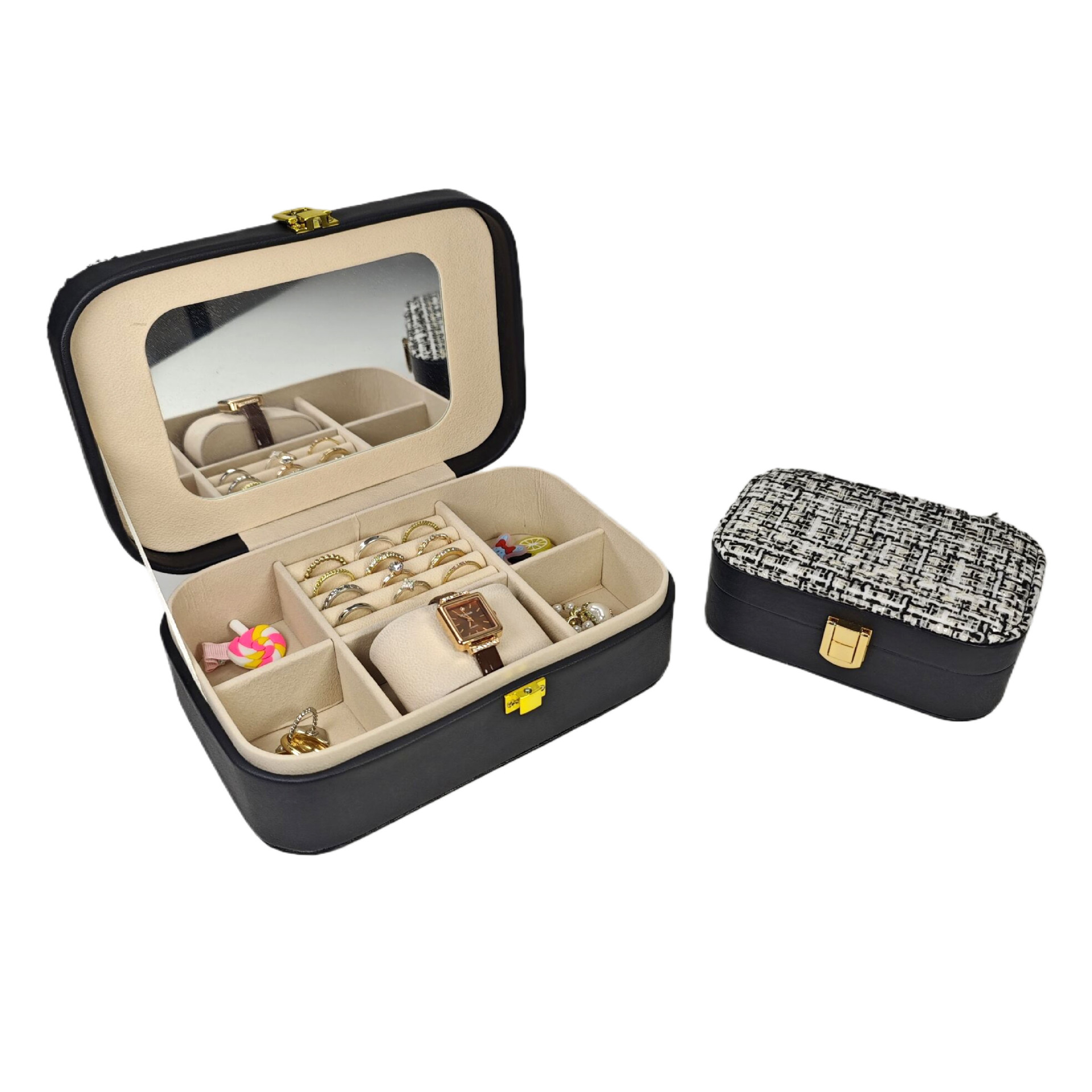 现货黑白格面料首饰盒饰品盒手表戒指耳环项链带镜子首饰盒LG7335