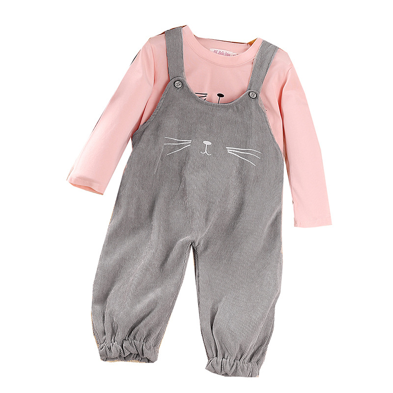 Top a maniche lunghe e pantaloni con bretelle stampati in cartone animato per bambini 2024 in due pezzi per set di abbigliamento primaverile per ragazze_voghion.com
