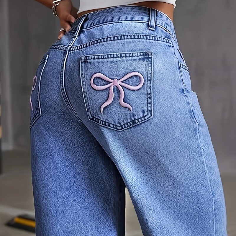 レディース刺繍リボンウォッシュジーンズストレートジーンズクロスボーダー|undefined
