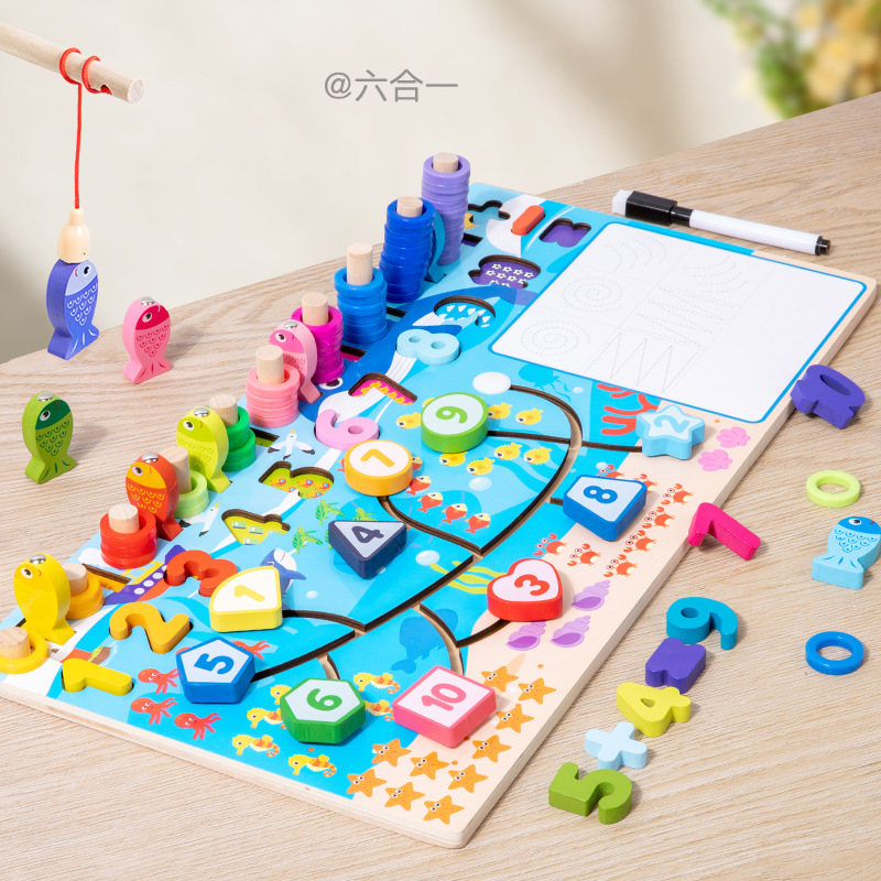 Tablero logarítmico para caminar multifuncional de madera para niños seis en uno divertido juego de dibujos animados modelado diseño juguetes educativos