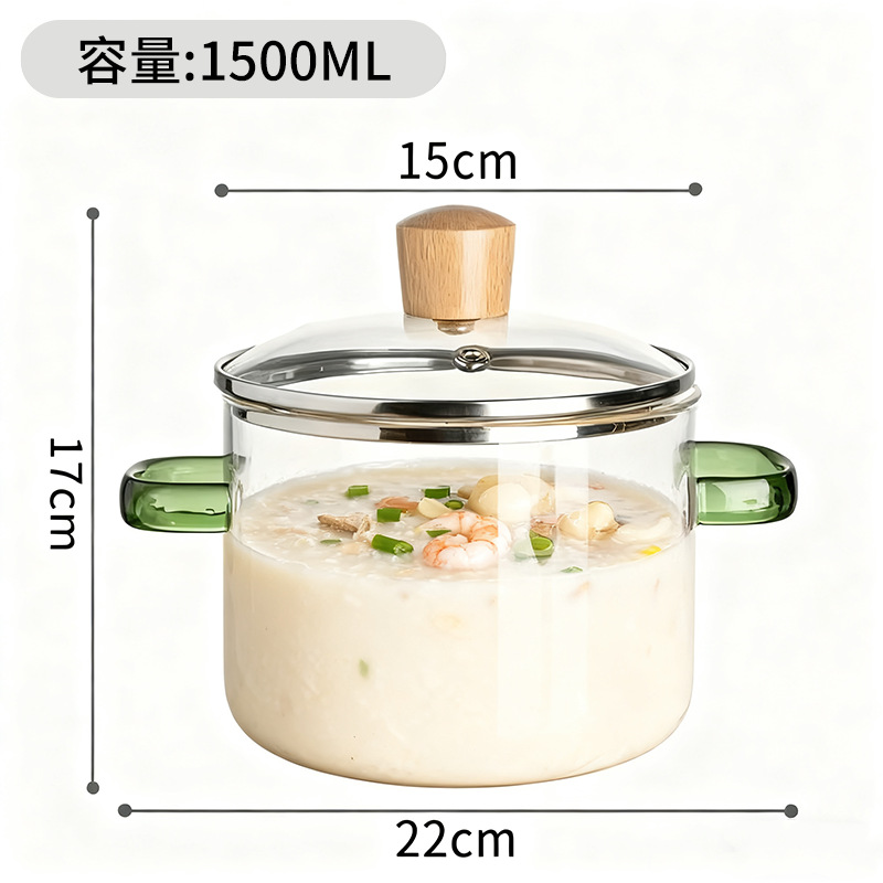 1.5L 녹색 손잡이 유리 냄비