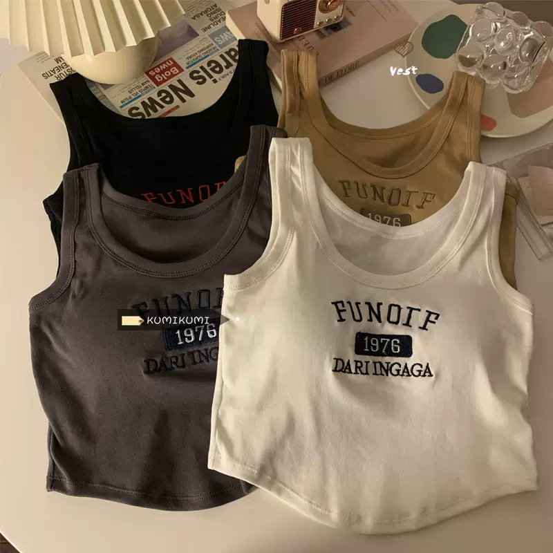 跨境字母印花背心女带胸垫固定杯百搭宽肩带外穿打底上衣女