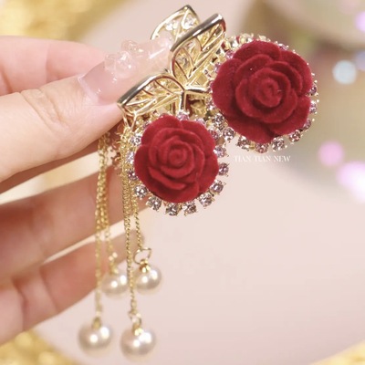 浪漫櫻桃發夾紅玫瑰甜美流蘇半抓夾後腦勺半紮發飾氣質聖誕節頭飾