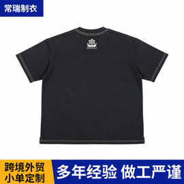 跨境宽松短袖圆领男女T恤洗水复古落肩夏季上衣白色走线来图定制