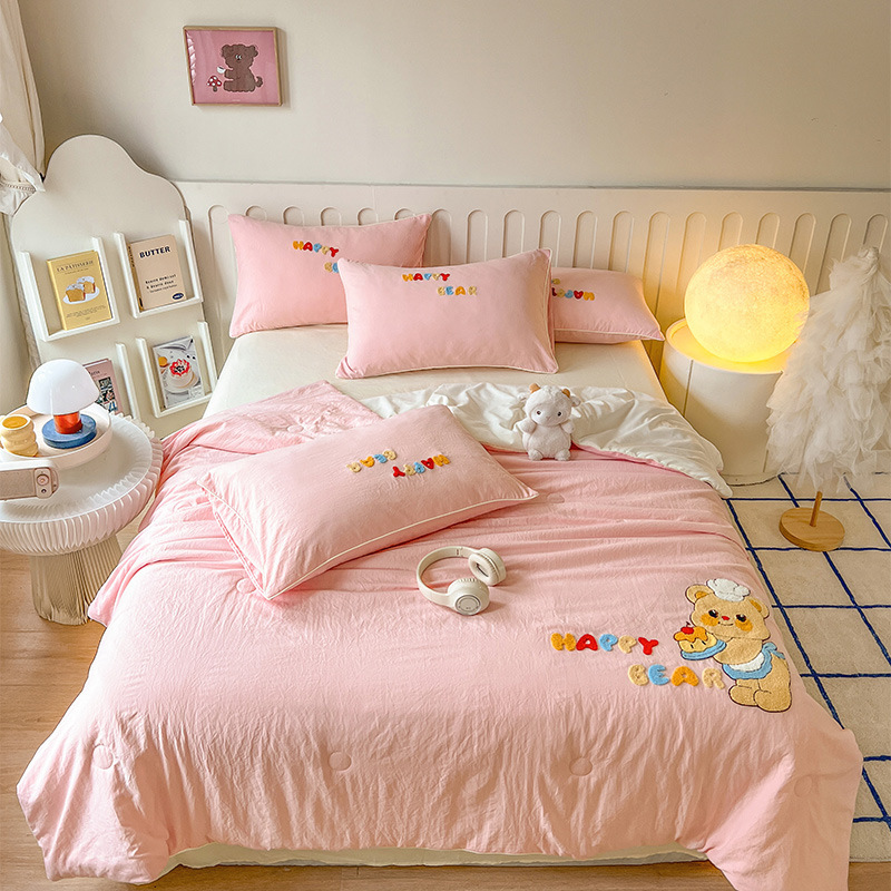 2025 New Washed Cotton Towel Embroidered Summer Quilt Four-Piece Bedding Set Student Dormitory Quilt Cover Three-Piece Set