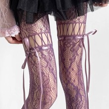 春夏镂空蕾丝蝴蝶结绑带网袜辣妹千禧风连裤袜日系复古穿绳网裤