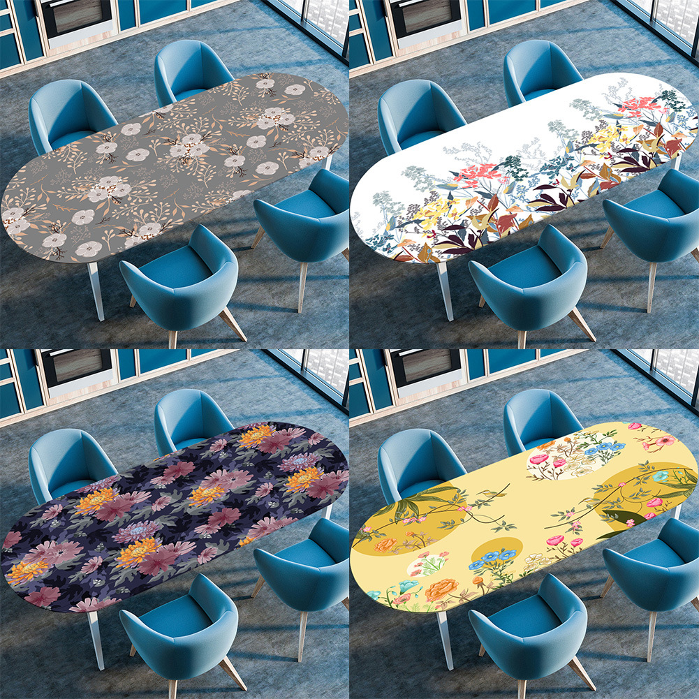 Factory direct oval elastic belt living room coffee table tablecloth, flower style waterproof and oil-proof wash-free tablecloth