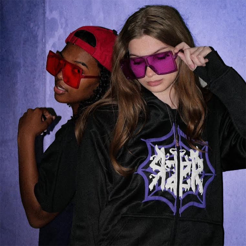 Felpa con cappuccio e stampa in schiuma di ragno color-block con cerniera, stile punk hip-hop Y2K, per uomo e donna_voghion.com