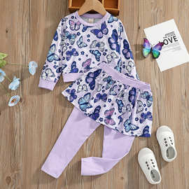 跨境 ins女童蝴蝶印花紫色圆领长袖上衣和裤裙套装两件套小童装