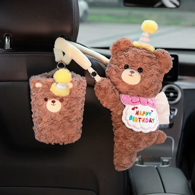 Car tissue box/set hanging on the side of the - hat-wearing-bear-pink-birthday-bib-tissue-box-trash-can