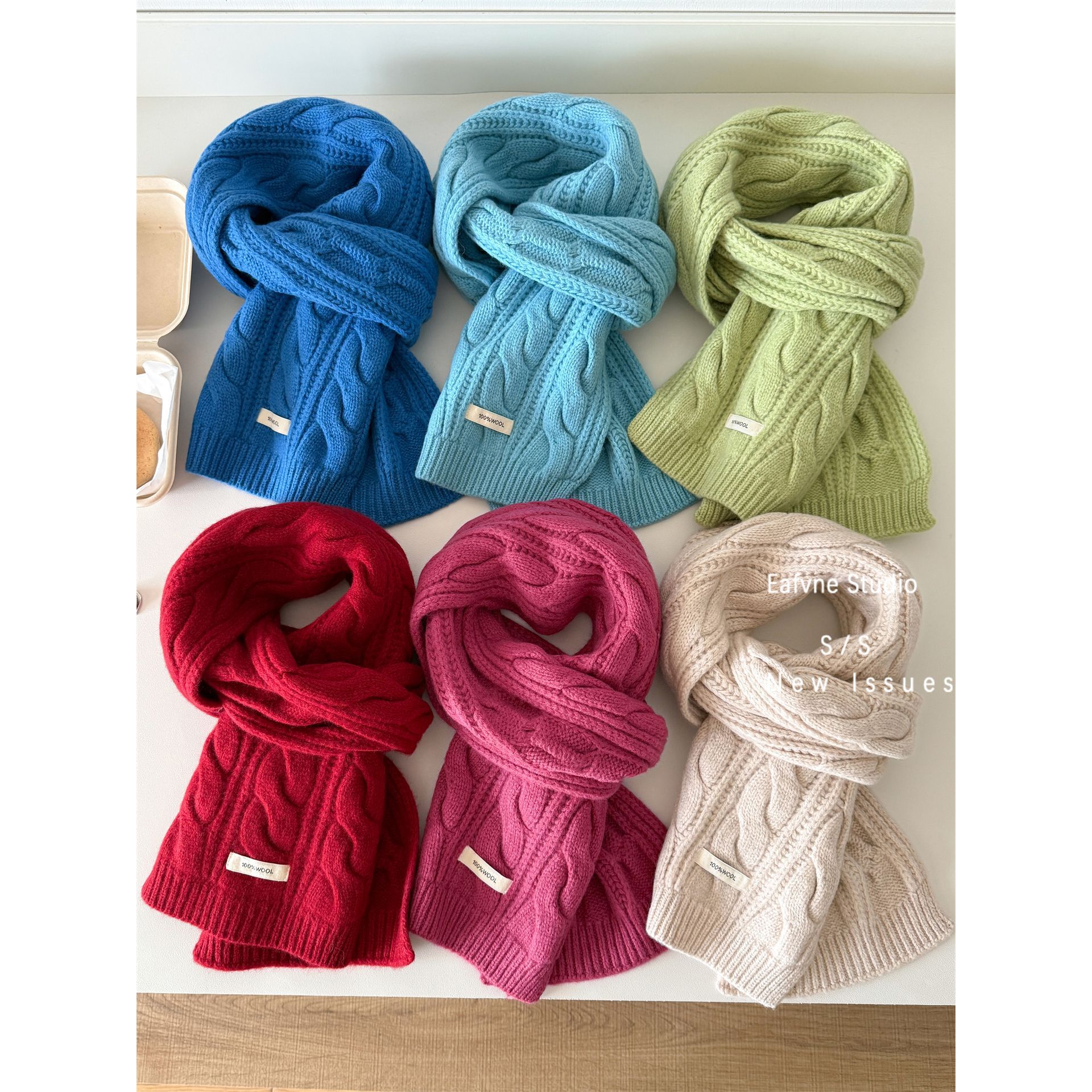 Retro knitted winter solid color keep warm scarf with pigtail
