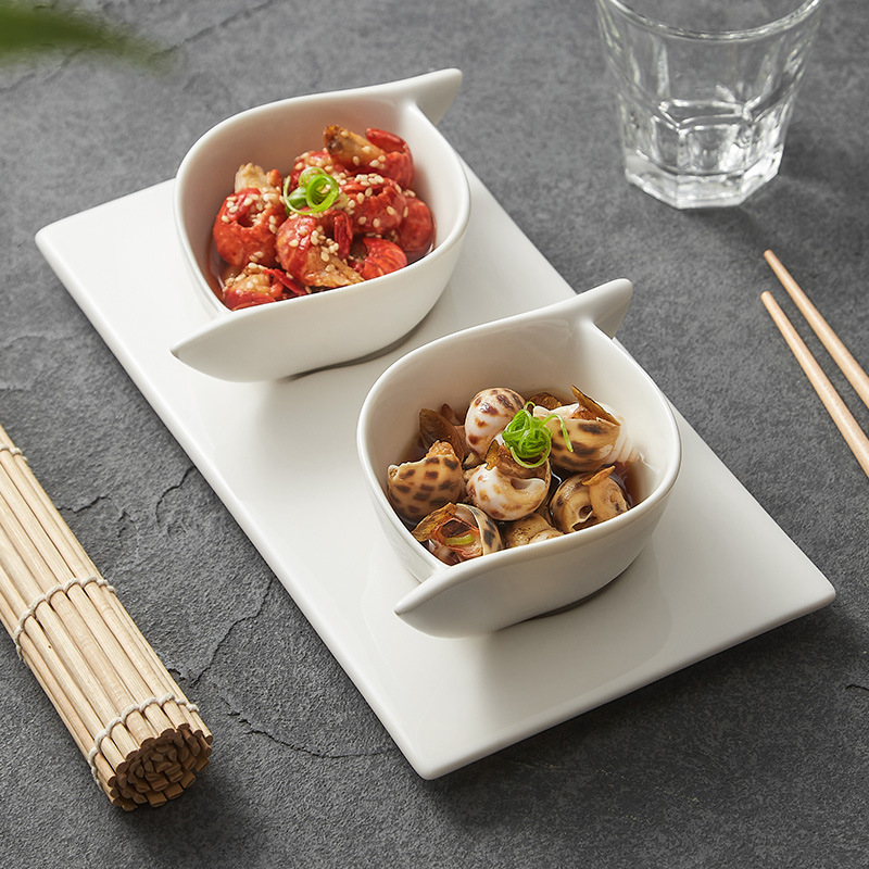 德化陶瓷菜碟甜品碟家用轻奢高档小吃碟子火锅酱料碟双耳底托套装