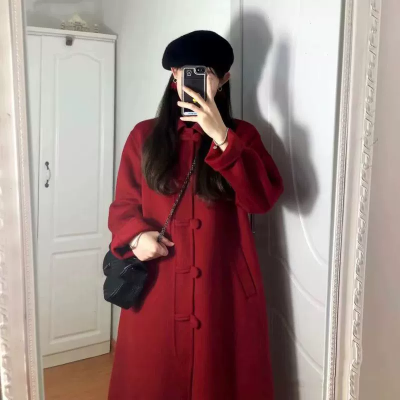 2022 осенне-зимнее Новое двустороннее шерстяное пальто, длинное Корейская версия свободного повседневного большого Красного шерстяного пальто в наличии