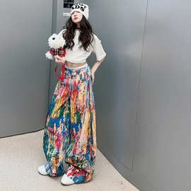 女童2025春款新款3D彩印泼墨油画调色盘阔腿牛仔裤休闲裤男女同款