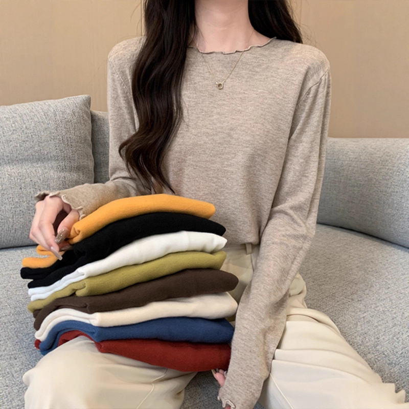 简约圆领木耳边针织毛衣女秋冬季长袖纯色内搭韩版显瘦打底上衣|undefined