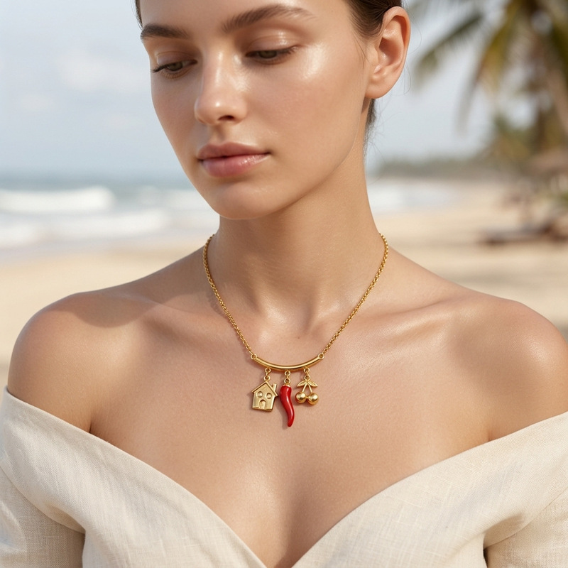 European and American Niche Design Natural Tiger Eye Stone Cross Pendant Necklace Multi-Element Splicing Titanium Steel Jewelry Clavicle Chain