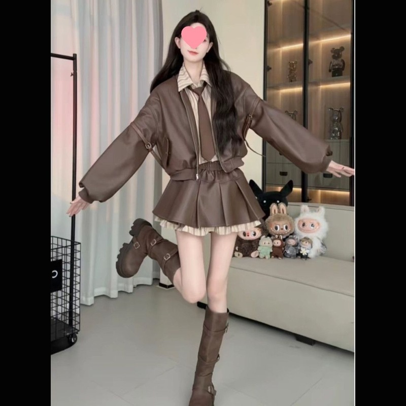 秋季设计感拼接假两件衬衫皮衣夹克领带+显瘦百褶半身裙两件套装|undefined