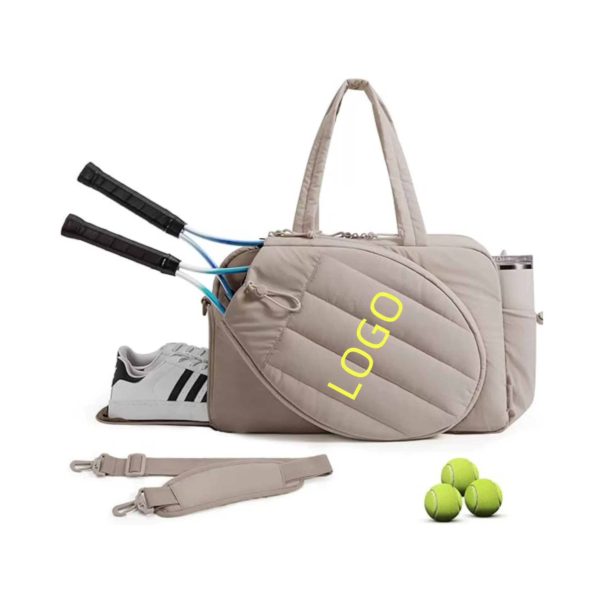 跨境现货新品绗缝网球包蓬松手提袋女士运动包球拍带鞋仓单肩包