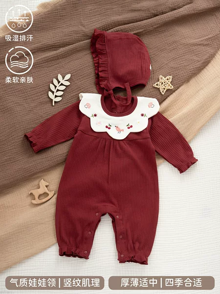 Newborn Baby Full Moon 100-Day Clothing Set for Baby Girl Burgundy Jumpsuit Long-Sleeved Spring & Fall Clothing for All Seasons