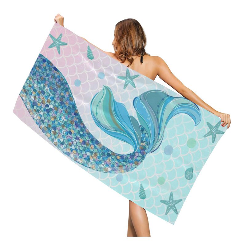 Microfiber Beach Towel Mermaid Fish Tail Oversized Sand-Free Quick-Drying Lightweight Towel Adult Women Men's Towel