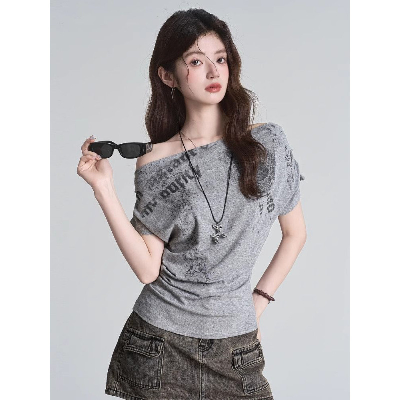美式辣妹甜酷风荡领短袖T恤女夏季新款褶皱修身显瘦上衣女批发|undefined