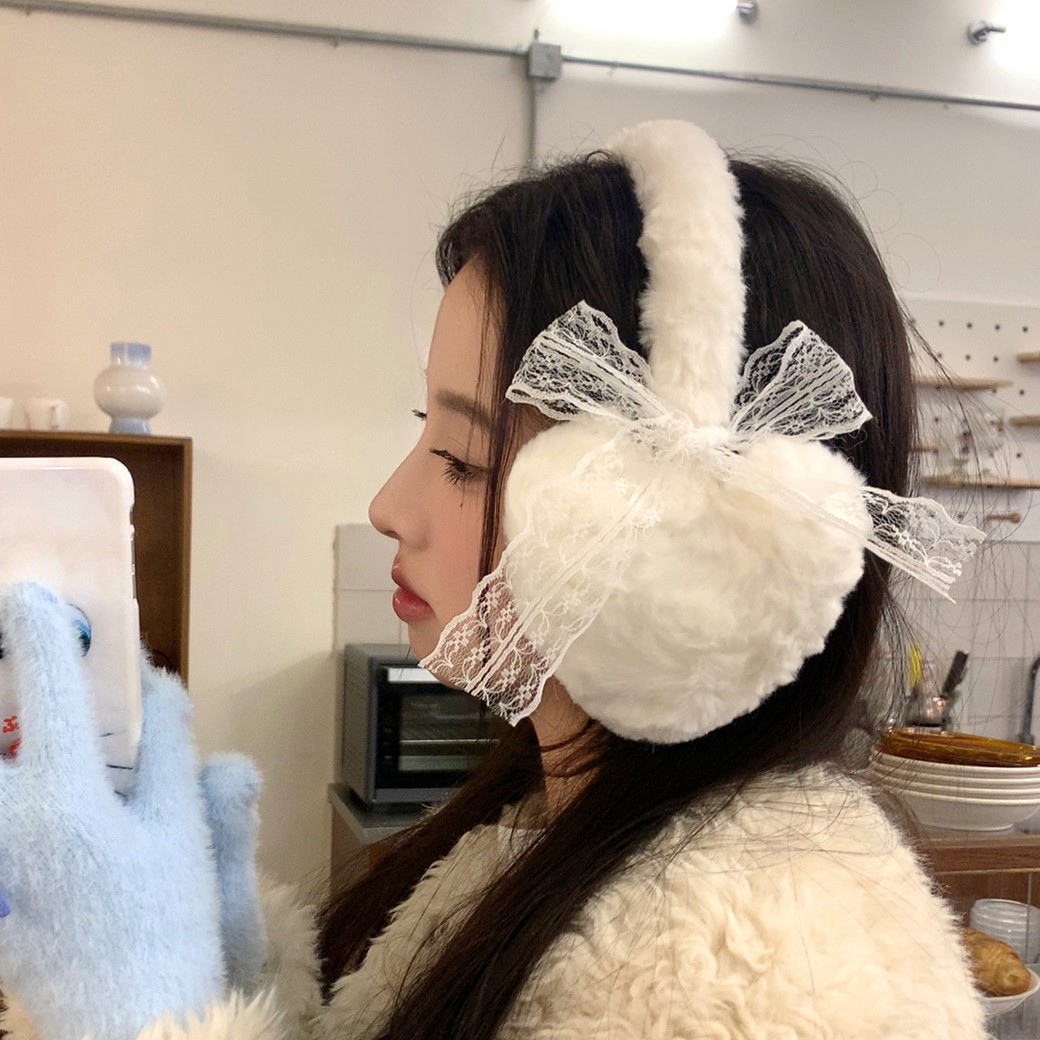 冬季耳罩甜美蕾丝蝴蝶结毛绒耳暖护耳骑车学生防寒耳捂子爱心耳套