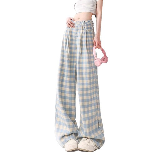 Blue Grid Casual Pants for Women, Loose High-Waisted, Slouchy Drape, Straight Leg Wide Leg Floor-Length Pants