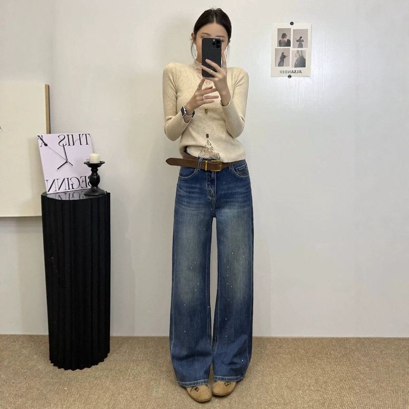 Vintage retro washed blue-toned relaxed denim jeans with scattered light and rhinestone detailing, high-waisted, slimming, wide-leg, floor-length Vintage retro washed blue-toned relaxed denim jeans with scattered light and rhinestone detailing, high-waisted, slimming, wide-leg, floor-length